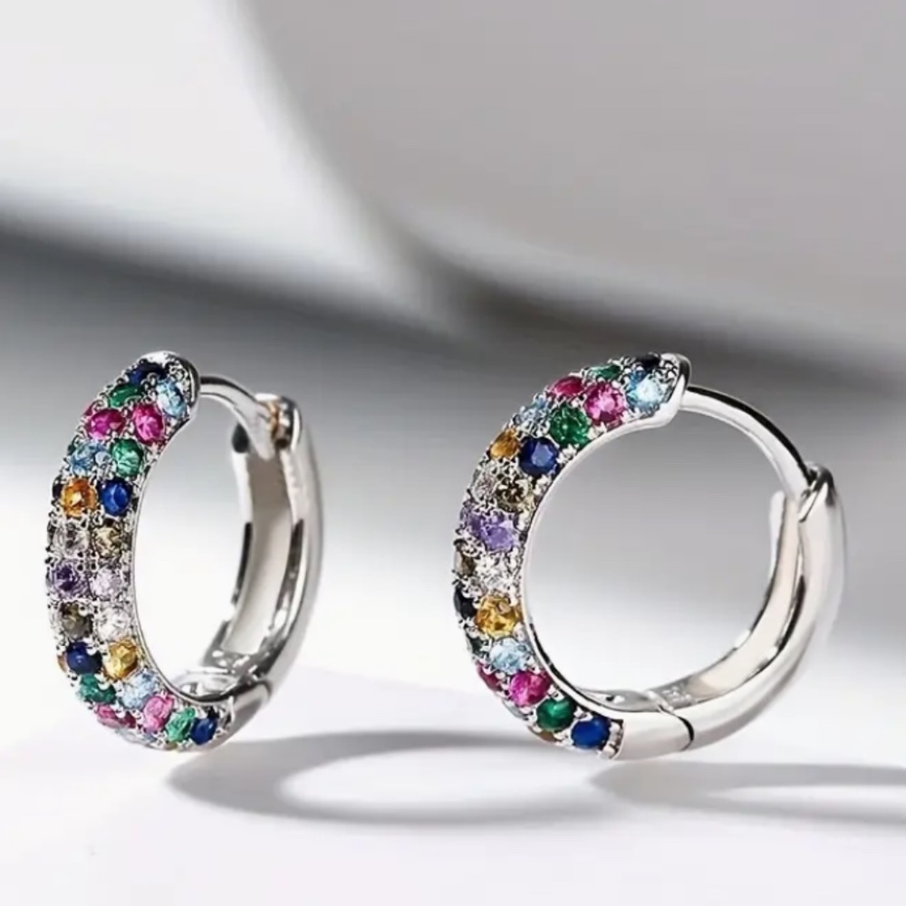 Silver Plated Mini Hoop Earrings Sparkling colorful Zircon Gem - Picture 9 of 10